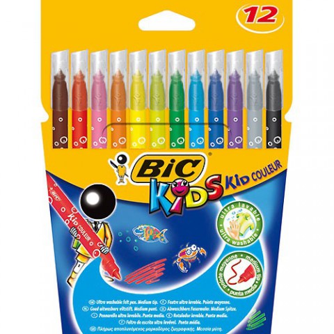 BIC 841798 - Kids Couleur Fasermaler, 12er-Set - Abwaschbare Fasermaler Filzstifte