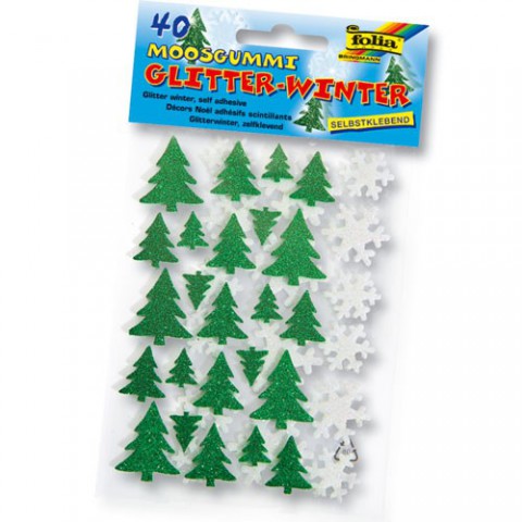 Folia 23794 - Moosgummi Glitter-Sticker Winter Schneeflocken und Tannen selbstklebend, 40 St&uuml;ck